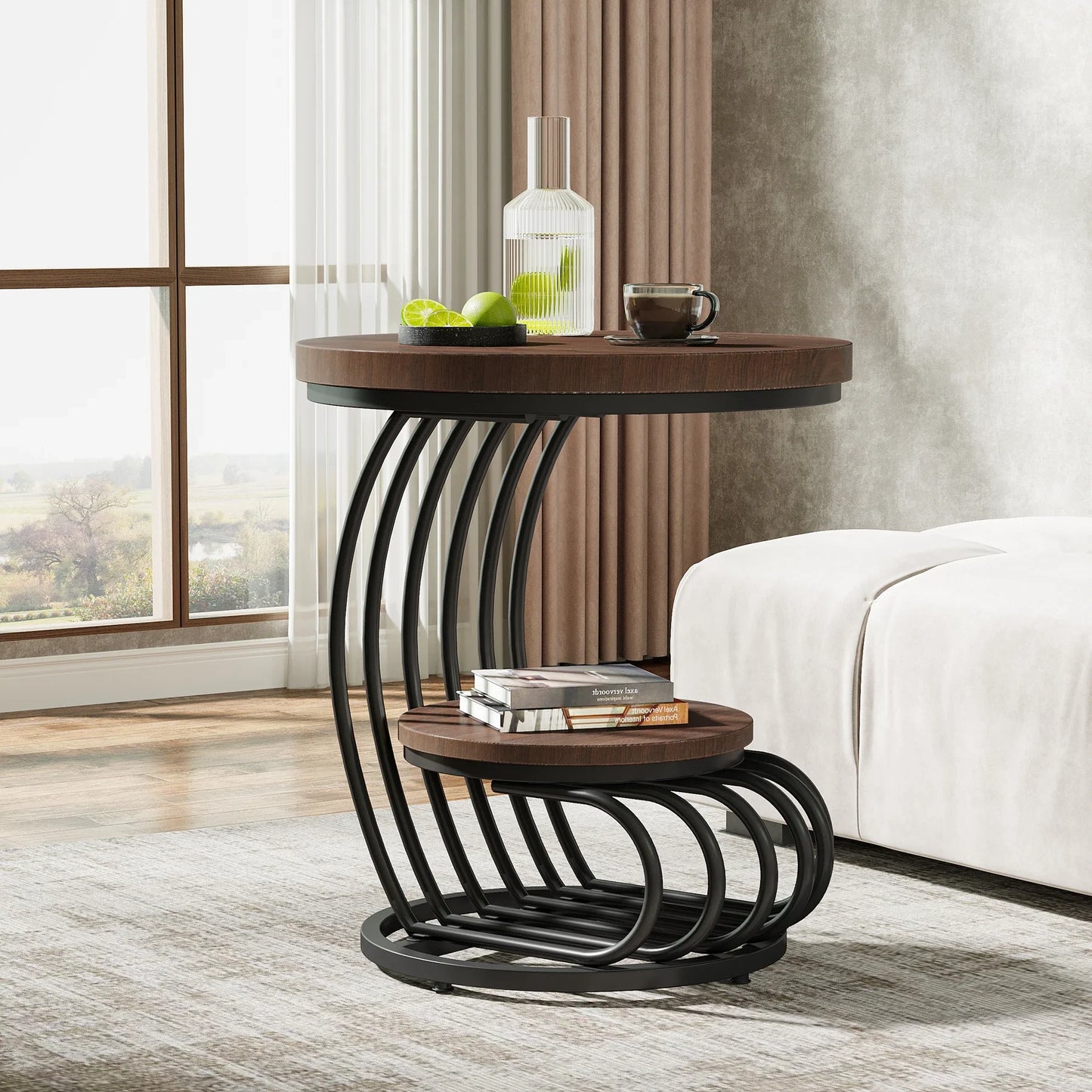 Bijzettafel Rond Marmerlook | 2 Lagen met Opbergplank | Luxe Gouden Afwerking | Compact Nachtkastje