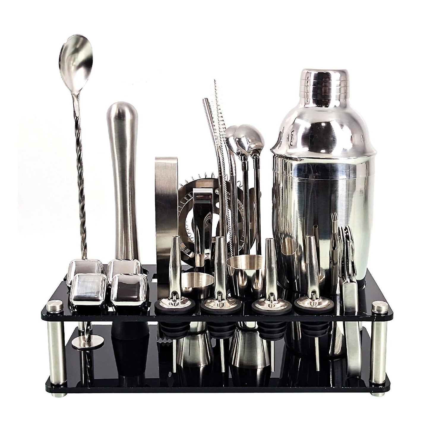 Barkeeper Set 23-delig | Roestvrijstalen Cocktail Shaker Set met Bamboe Houder | Professionele Bar Accessoires