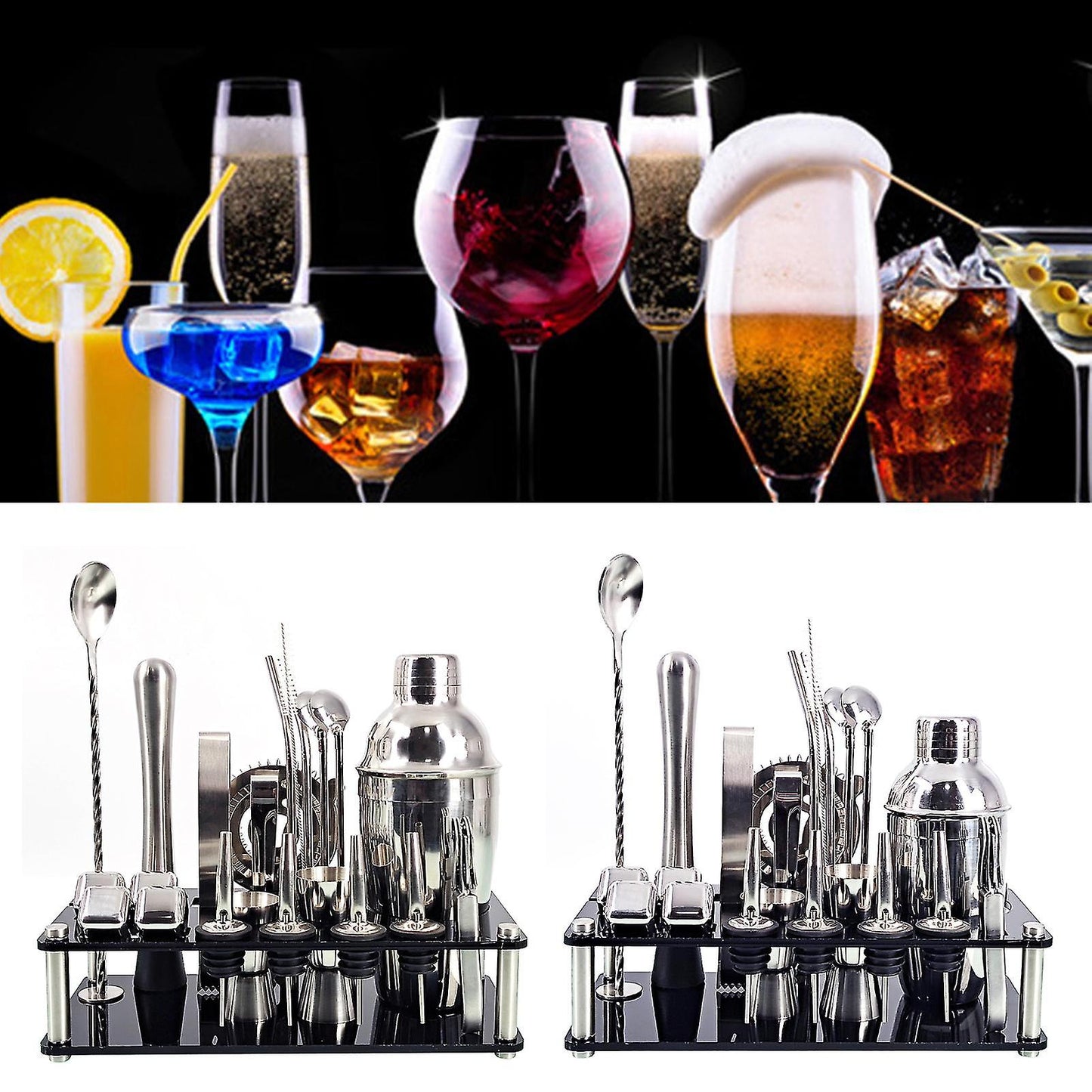 Barkeeper Set 23-delig | Roestvrijstalen Cocktail Shaker Set met Bamboe Houder | Professionele Bar Accessoires
