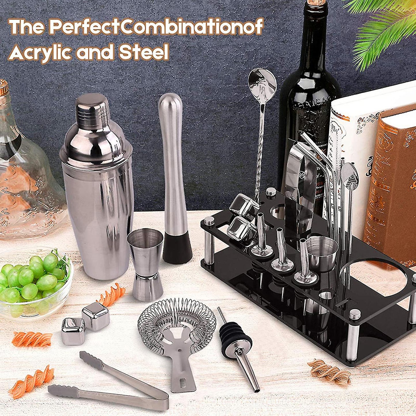 Barkeeper Set 23-delig | Roestvrijstalen Cocktail Shaker Set met Bamboe Houder | Professionele Bar Accessoires