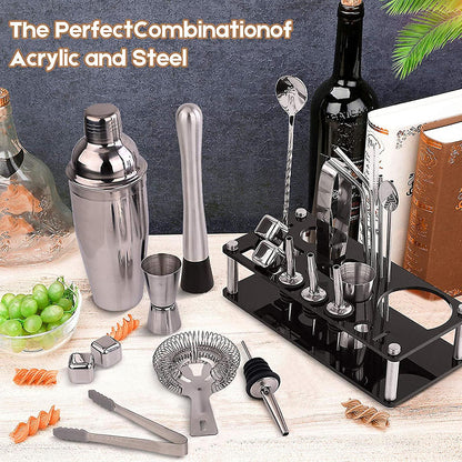 Barkeeper Set 23-delig | Roestvrijstalen Cocktail Shaker Set met Bamboe Houder | Professionele Bar Accessoires