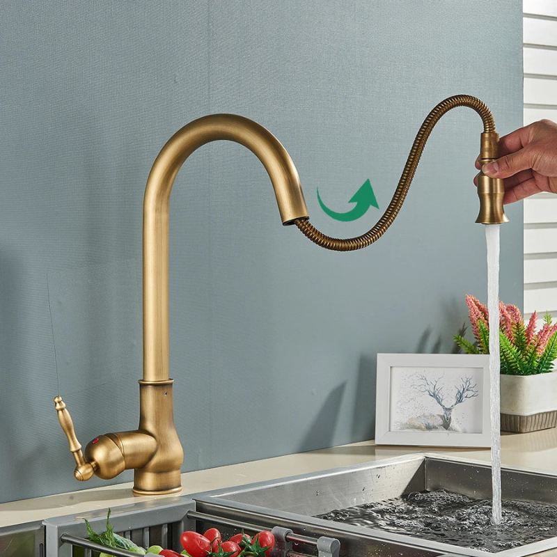 Aqualis – Keukenkraan met Uittrekbare Douche | Retro-Design in Zwart-Goud