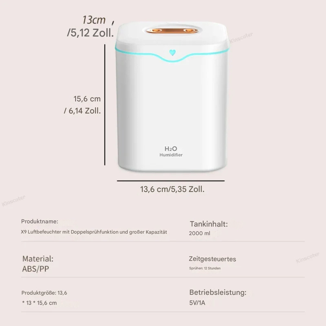 2L Ultrasone Luchtbevochtiger met Dual-Spray & Nachtlampje – Kamerluchtbevochtiger 2000ml