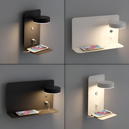 DualDelight wandlamp | aluminium LED nachtlampje | met plank & USB-oplaadpoort