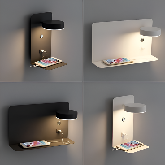 DualDelight wandlamp | aluminium LED nachtlampje | met plank & USB-oplaadpoort