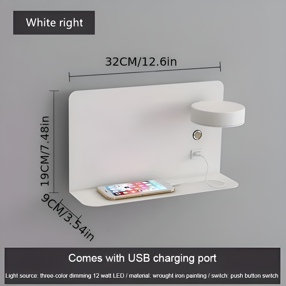 DualDelight wandlamp | aluminium LED nachtlampje | met plank & USB-oplaadpoort