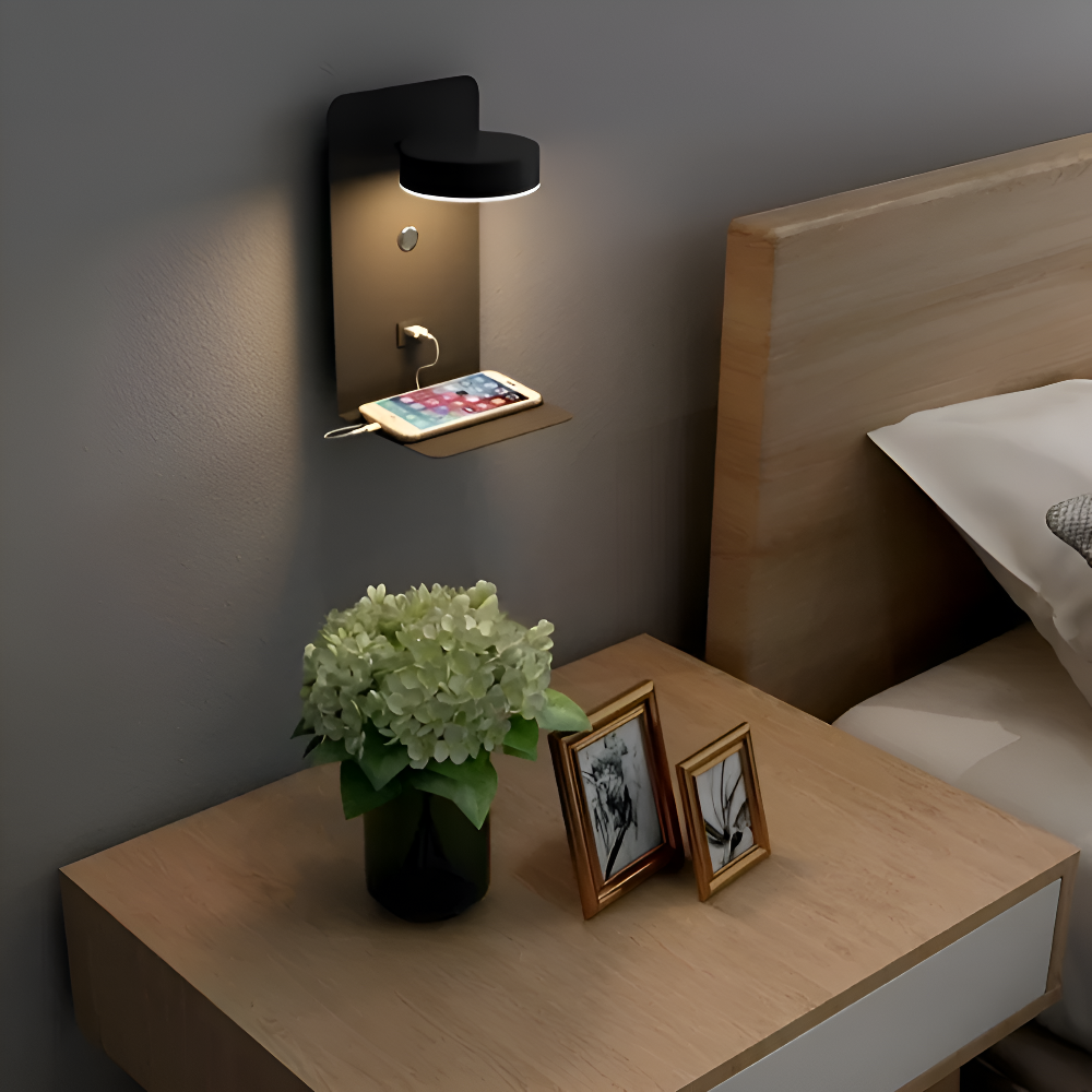 DualDelight wandlamp | aluminium LED nachtlampje | met plank & USB-oplaadpoort