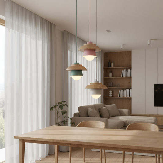 ScandiGlow Pendellamp – Scandinavische LED hanglamp van hout & metaal in macaron-ontwerp