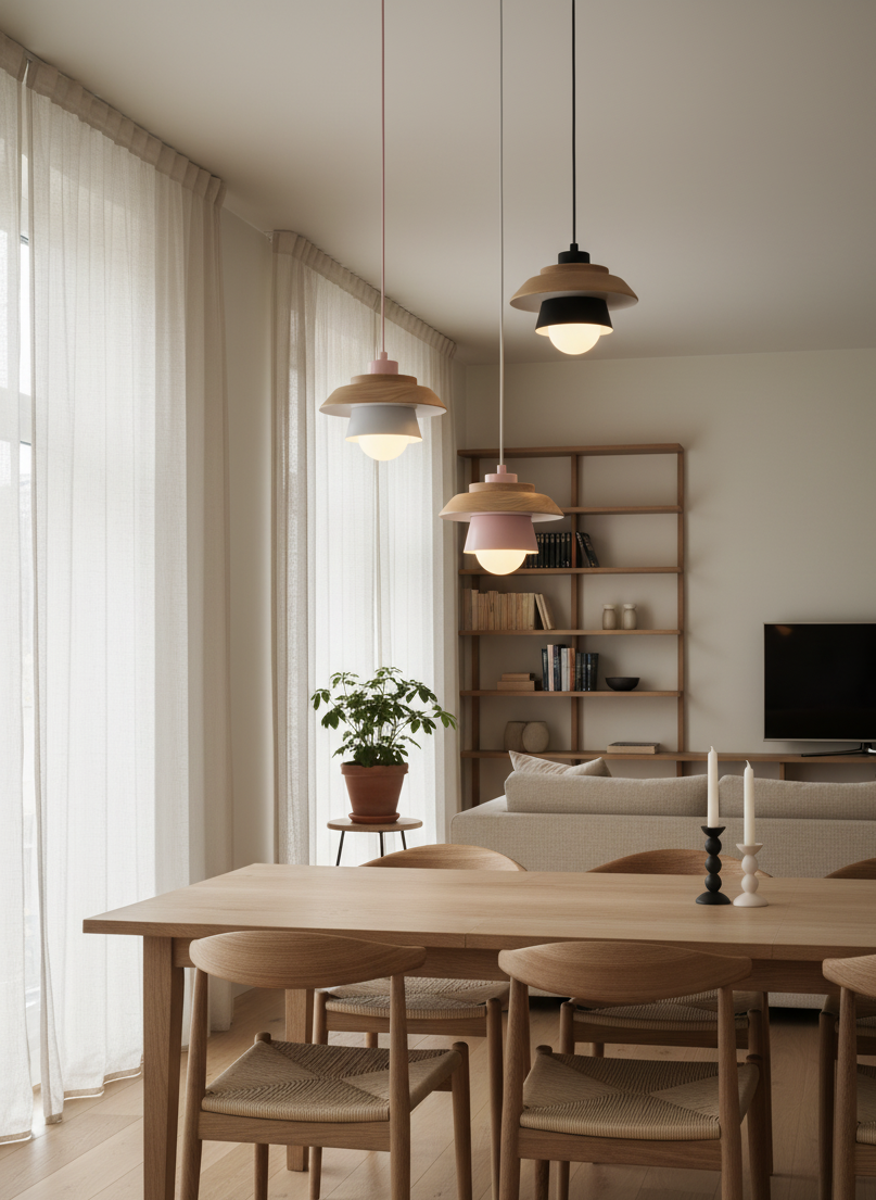 ScandiGlow Pendellamp – Scandinavische LED hanglamp van hout & metaal in macaron-ontwerp