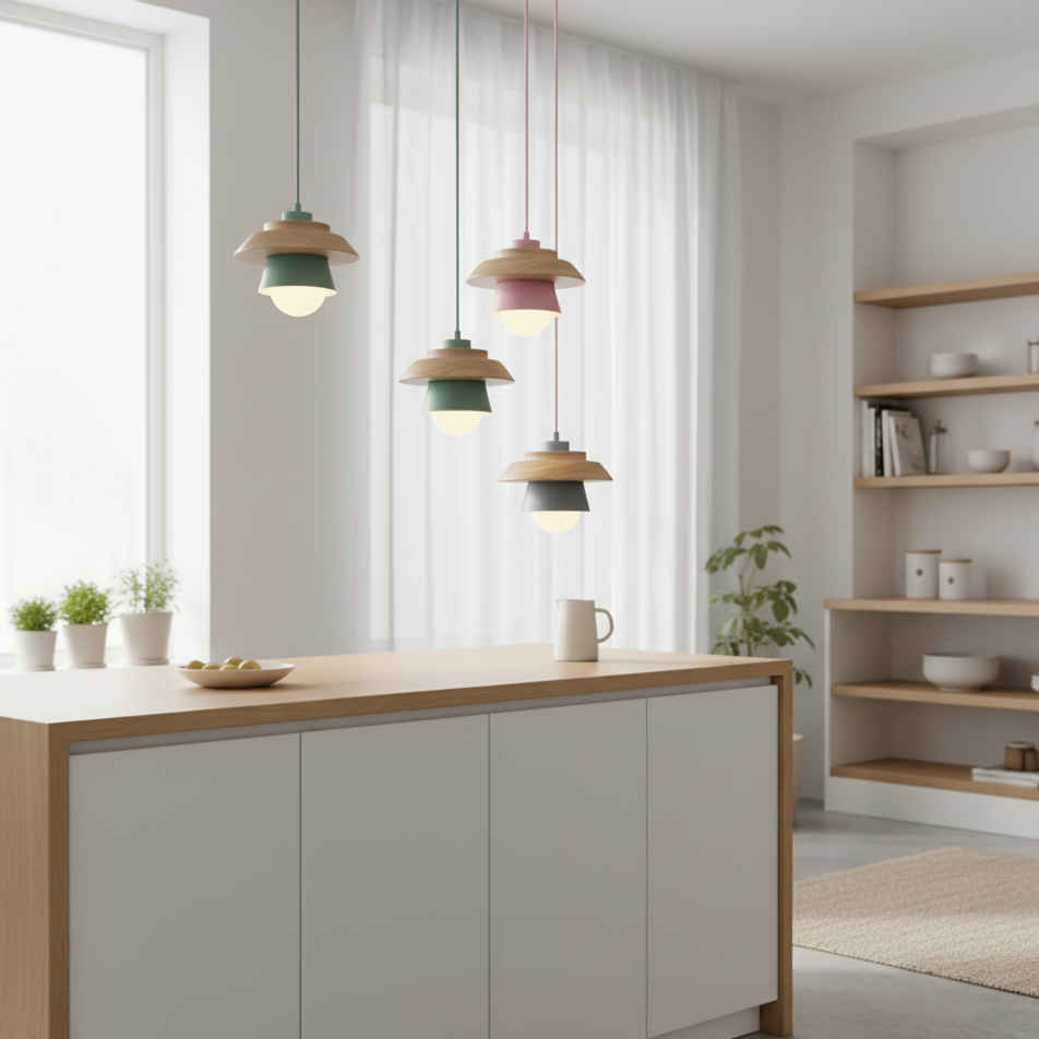 ScandiGlow Pendellamp – Scandinavische LED hanglamp van hout & metaal in macaron-ontwerp