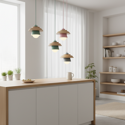ScandiGlow Pendellamp – Scandinavische LED hanglamp van hout & metaal in macaron-ontwerp