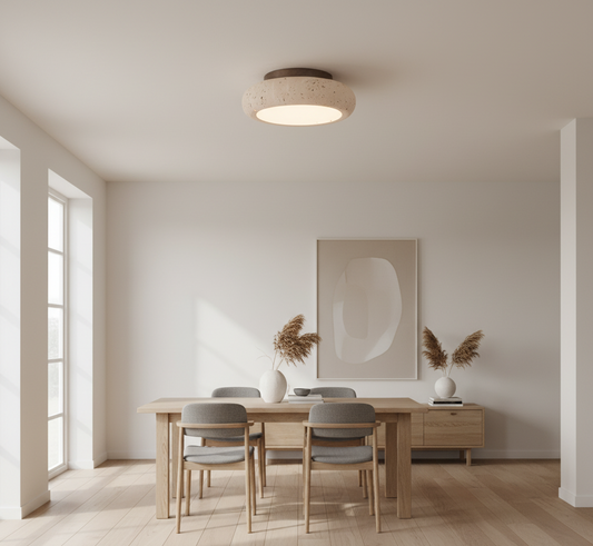 Rava Lys | Wabi Sabi Travertin plafondlamp met houtdetail