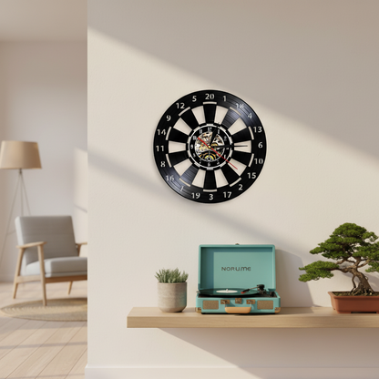 VinylDart | Vintage-dart-wanduhr aus Vinyl | Geruisloos uurwerk & retro-ontwerp voor clubs, bars & speelruimtes