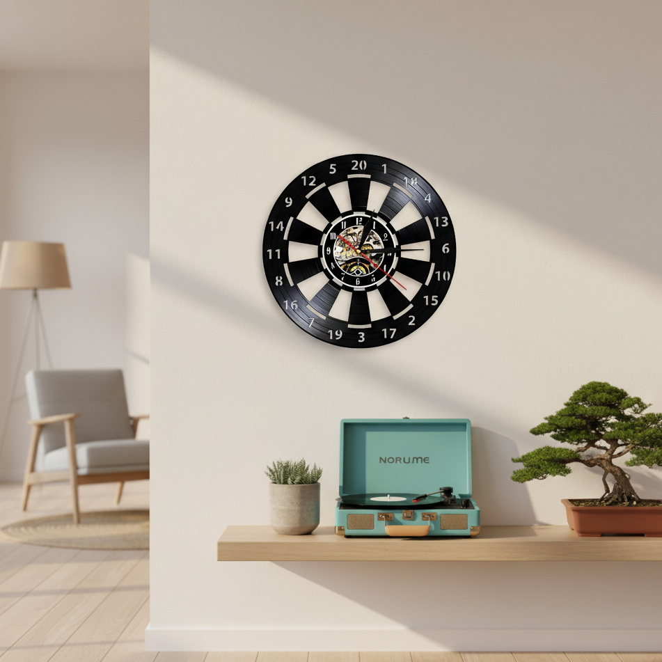 VinylDart | Vintage-dart-wanduhr aus Vinyl | Geruisloos uurwerk & retro-ontwerp voor clubs, bars & speelruimtes