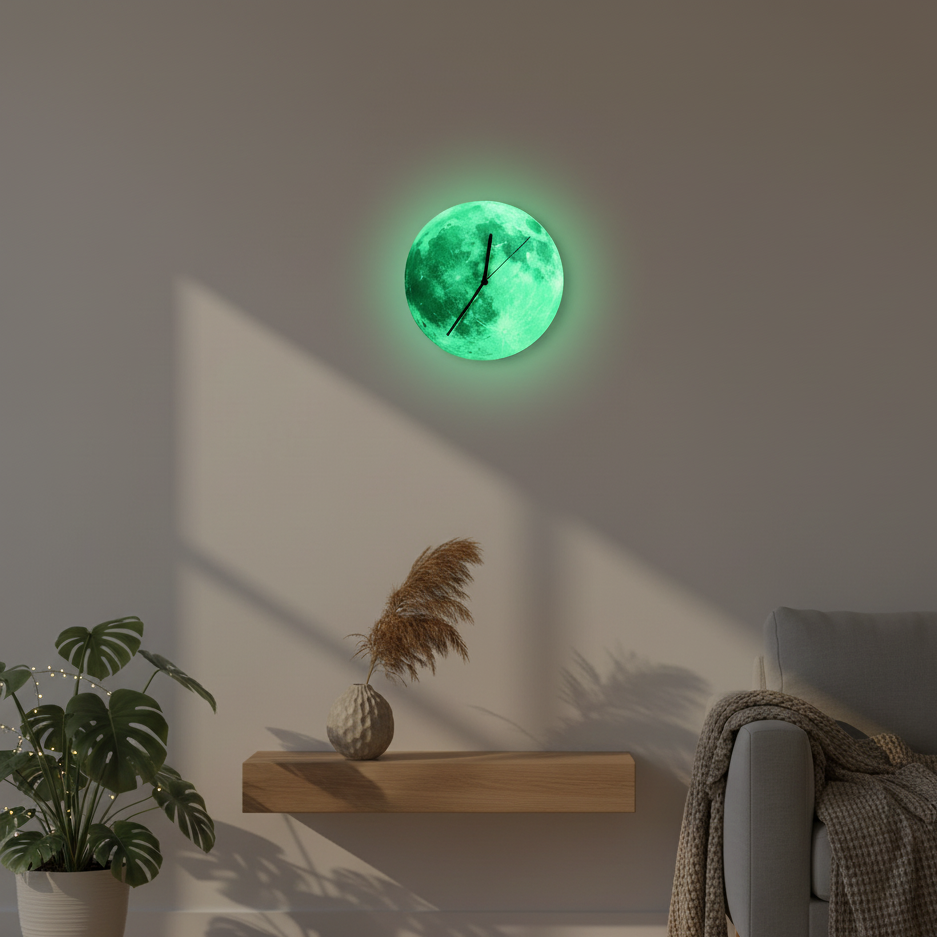 Lunaris Glow | Glow-in-the-Dark Mond-Wandklok | Lichtgevend Wandontwerp voor Dag & Nacht