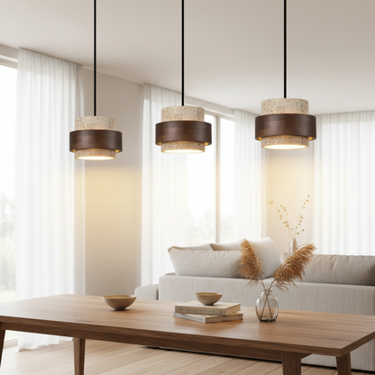 Vira Sabi | Hanglamp van travertijn en hout in Wabi-Sabi-stijl