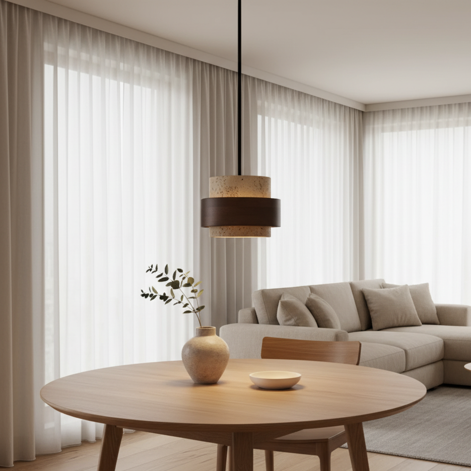 Vira Sabi | Hanglamp van travertijn en hout in Wabi-Sabi-stijl