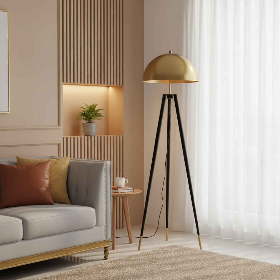 Solano Coyote staande lamp – luxe driepootlamp met goudkleurige kap in modern design