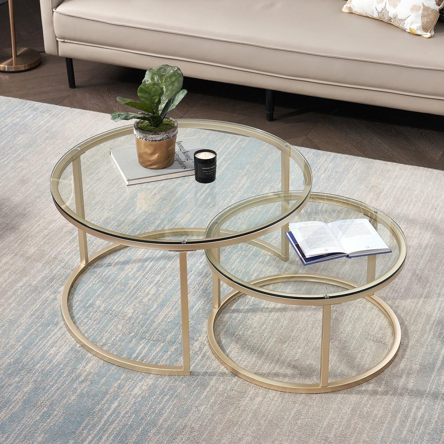 Salontafel 2-in-1 Rond | Ijzer & Gehard Glas | Stapelbaar & Ruimtebesparend | Modern Design