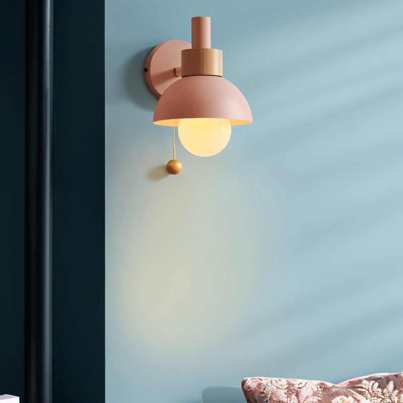 PastelPop wandlamp | hout & ijzer | pastelkleurig ontwerp met trekchakelaar