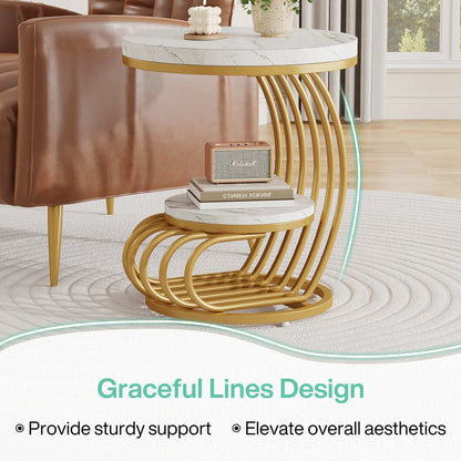 Bijzettafel Rond Marmerlook | 2 Lagen met Opbergplank | Luxe Gouden Afwerking | Compact Nachtkastje