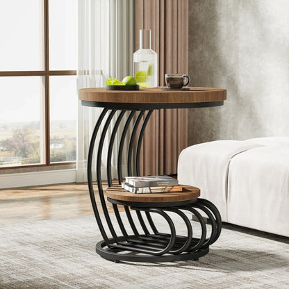 Bijzettafel Rond Marmerlook | 2 Lagen met Opbergplank | Luxe Gouden Afwerking | Compact Nachtkastje