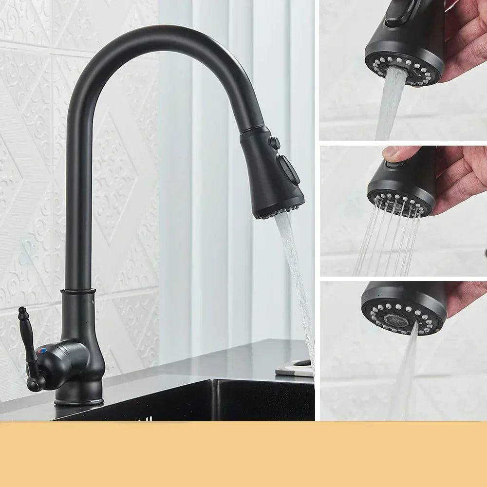 Aqualis – Keukenkraan met Uittrekbare Douche | Retro-Design in Zwart-Goud