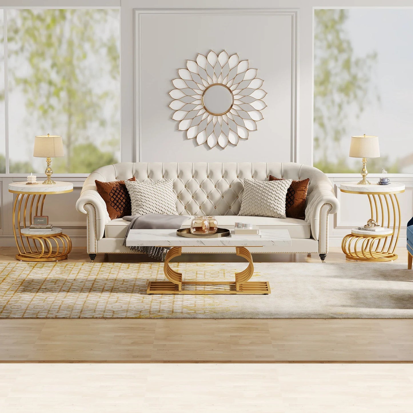 Bijzettafel Rond Marmerlook | 2 Lagen met Opbergplank | Luxe Gouden Afwerking | Compact Nachtkastje