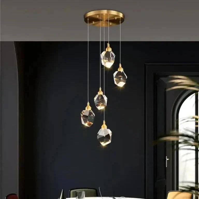 Nina hanglamp – LED-plafondlamp met 5 kristallen glazen kappen in goud